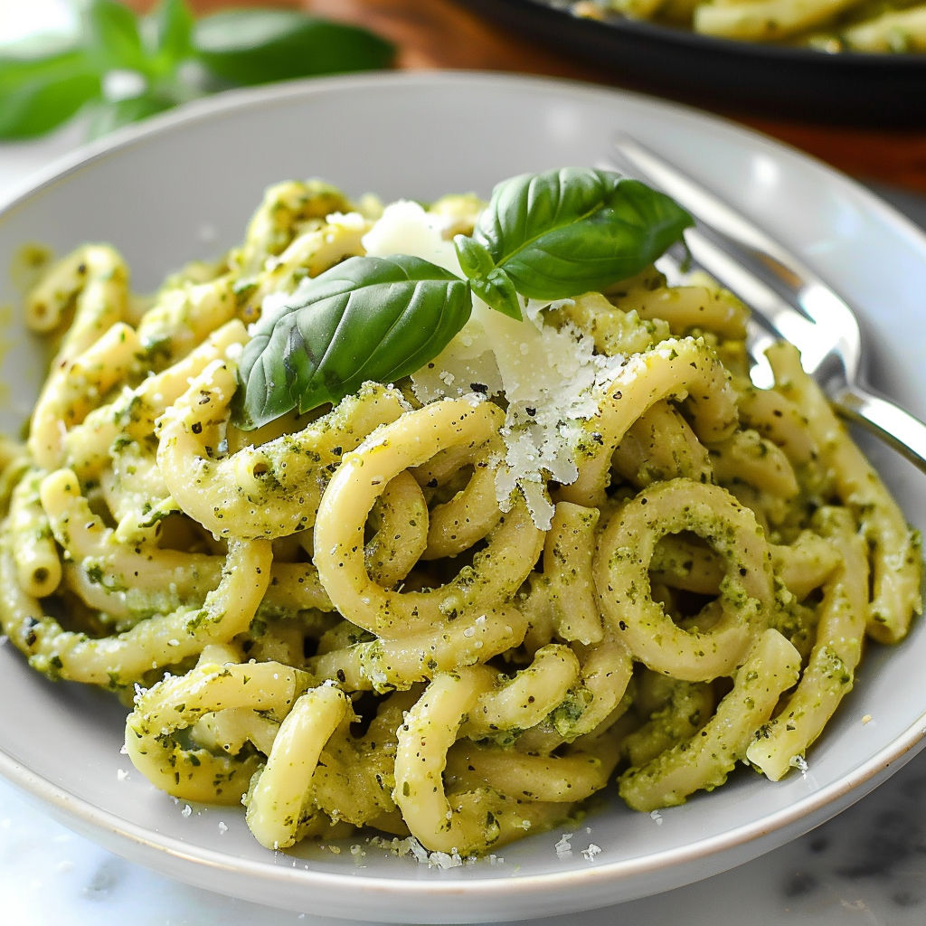 A bowl of Creamy Pesto Pasta with a fork nearby.