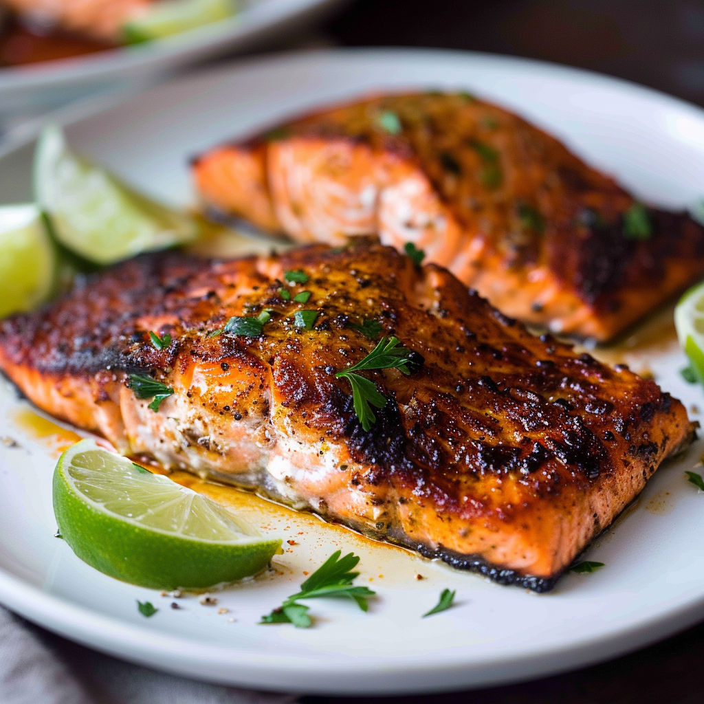 A close-up of seasoned blackened salmon with lime slices at the side.