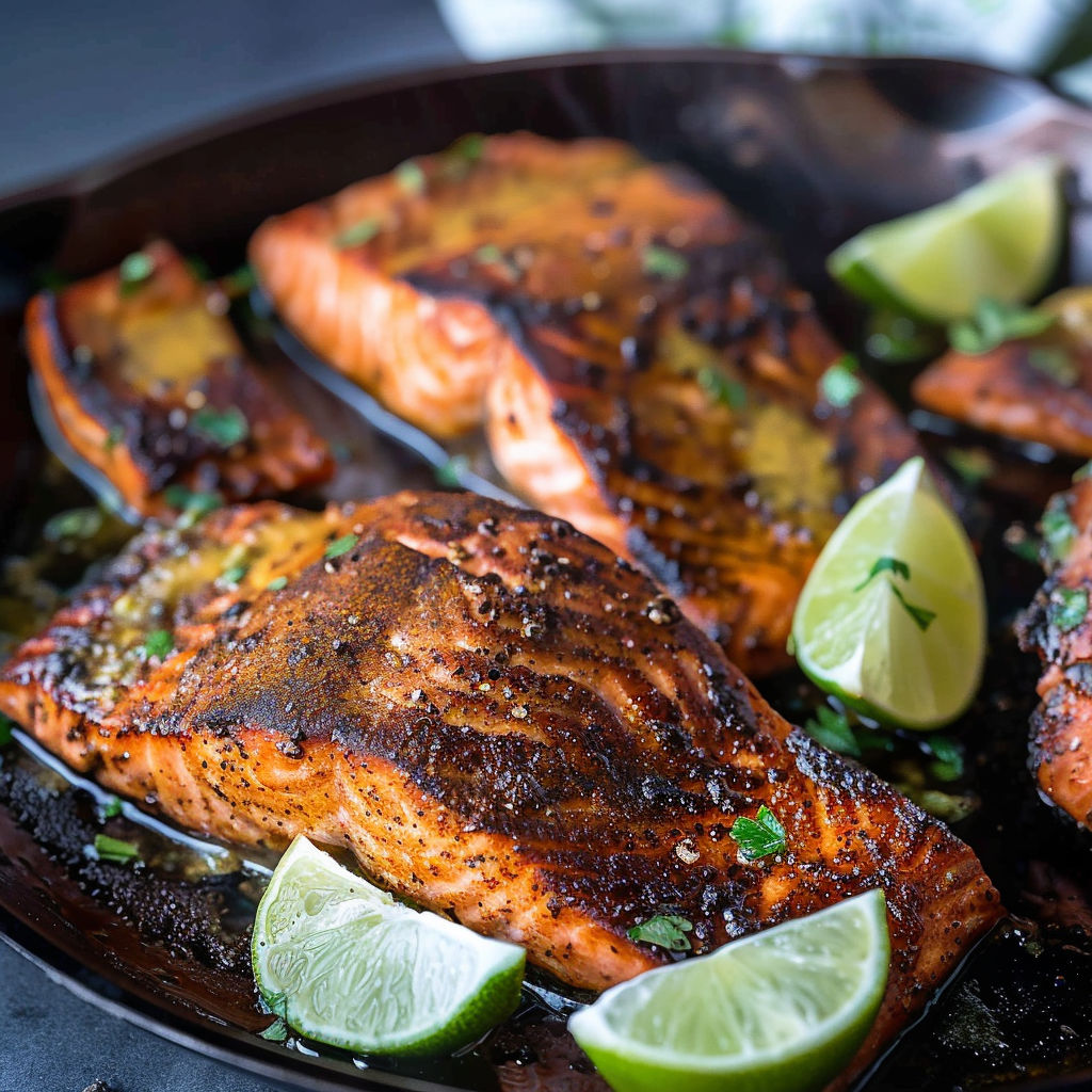 A skillet containing blackened salmon with fresh lime pieces and greenery.