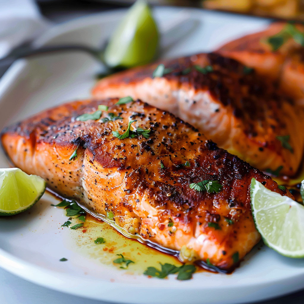 A serving of blackened salmon garnished with lime pieces and fresh herbs.