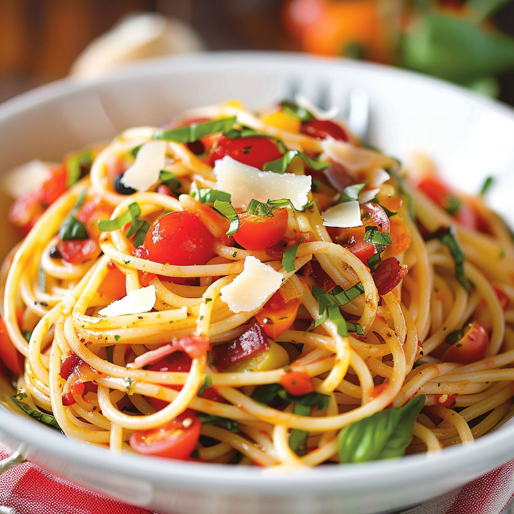 A vibrant bowl of spaghetti loaded with basil, tomatoes, and cheese on a table.