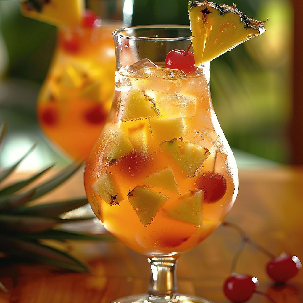 A fruity glass of Pina Colada Sangria served in a cozy, wooden setting.