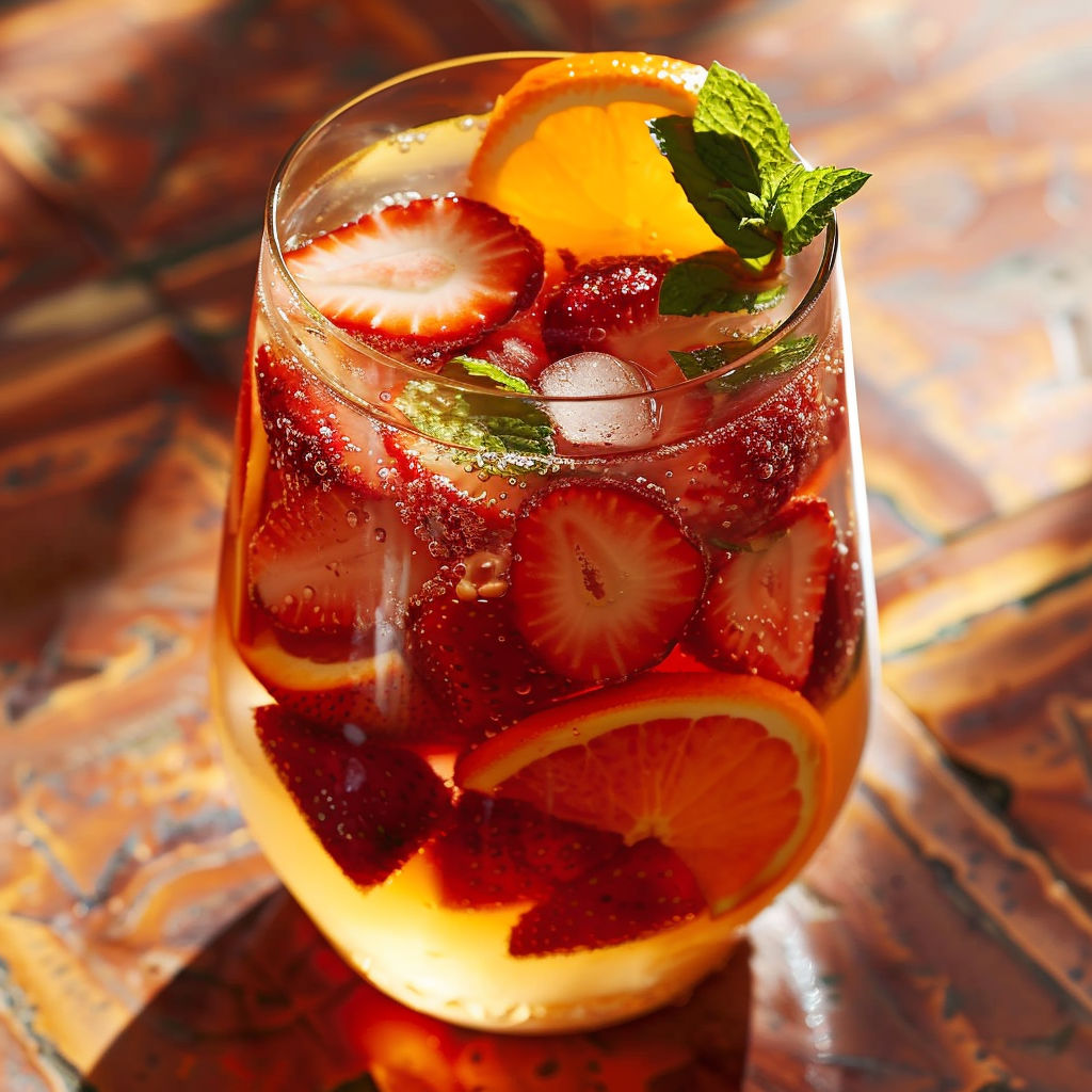 A refreshing glass of white sangria with strawberries, mint, and orange garnish.