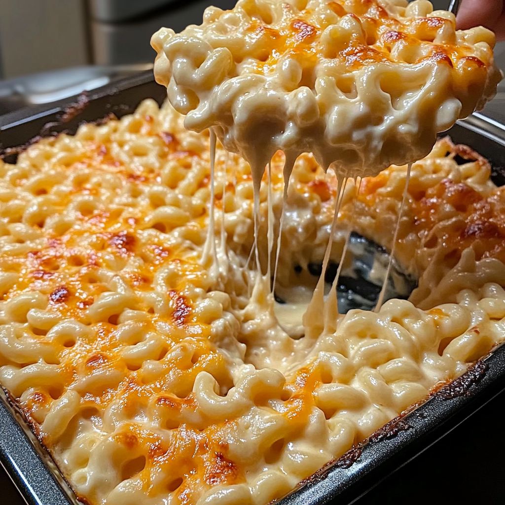 A hand scooping creamy bubbling 5 Cheese Mac and Cheese from a baking dish.