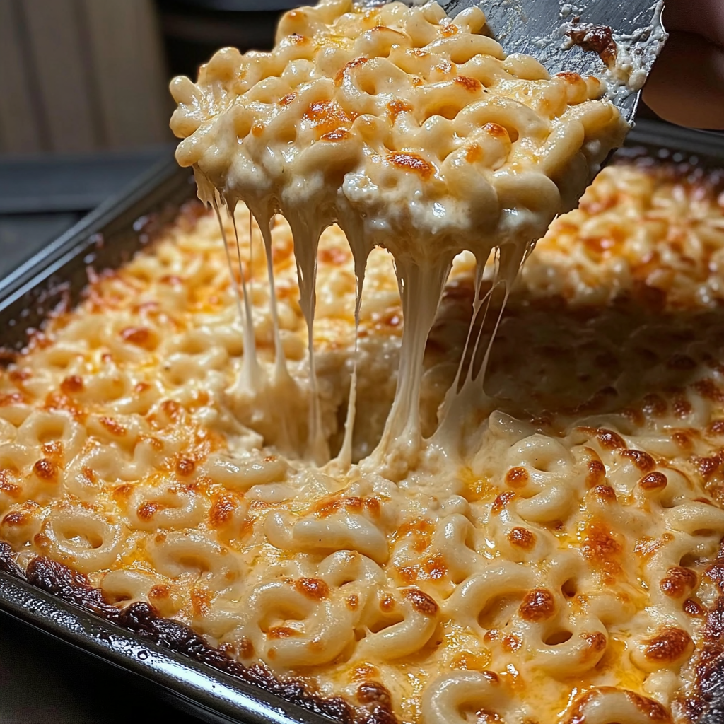 Gooey mac and cheese fresh from the oven with melty cheese stretching between pan and serving spoon.