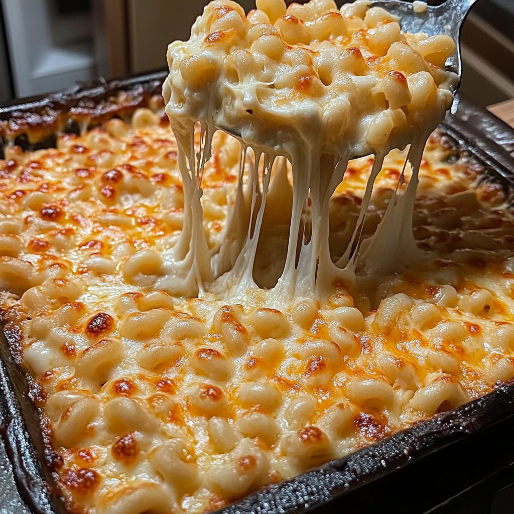 Steaming hot mac and cheese with strings of melty cheese clinging to a fork that's been stuck into the dish.