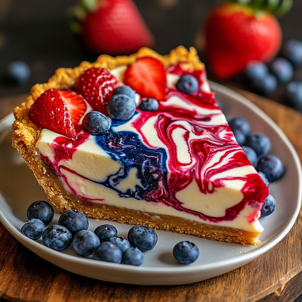 A vibrant slice of pie with strawberry and blueberry swirls sitting on a plate.