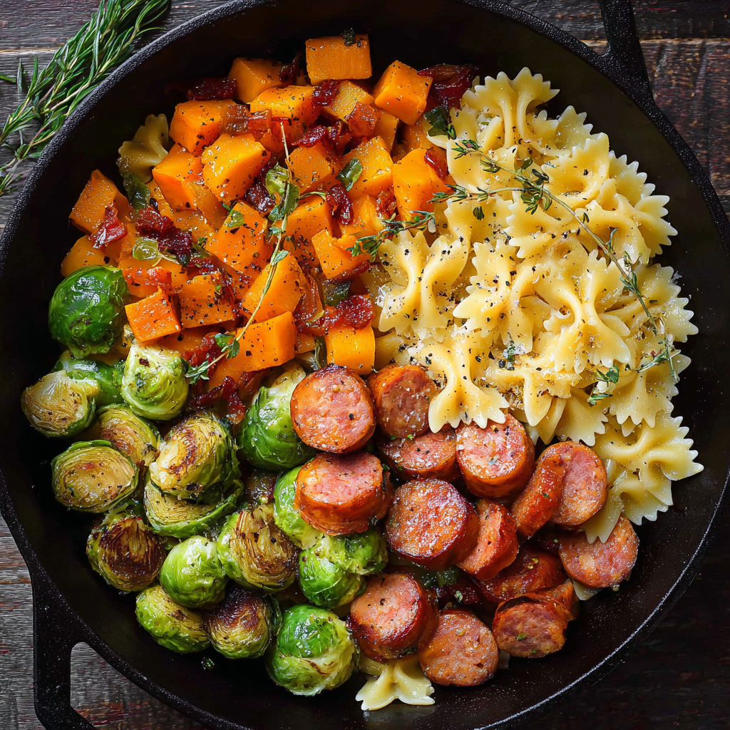 A delicious autumn dinner with sausage, pasta, brussels sprouts, and butternut squash.