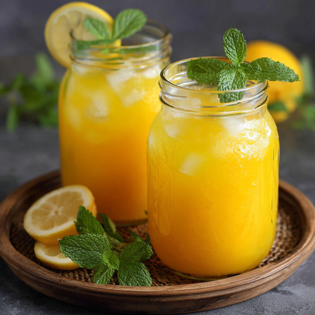 Glasses filled with chilled mango lemonade.