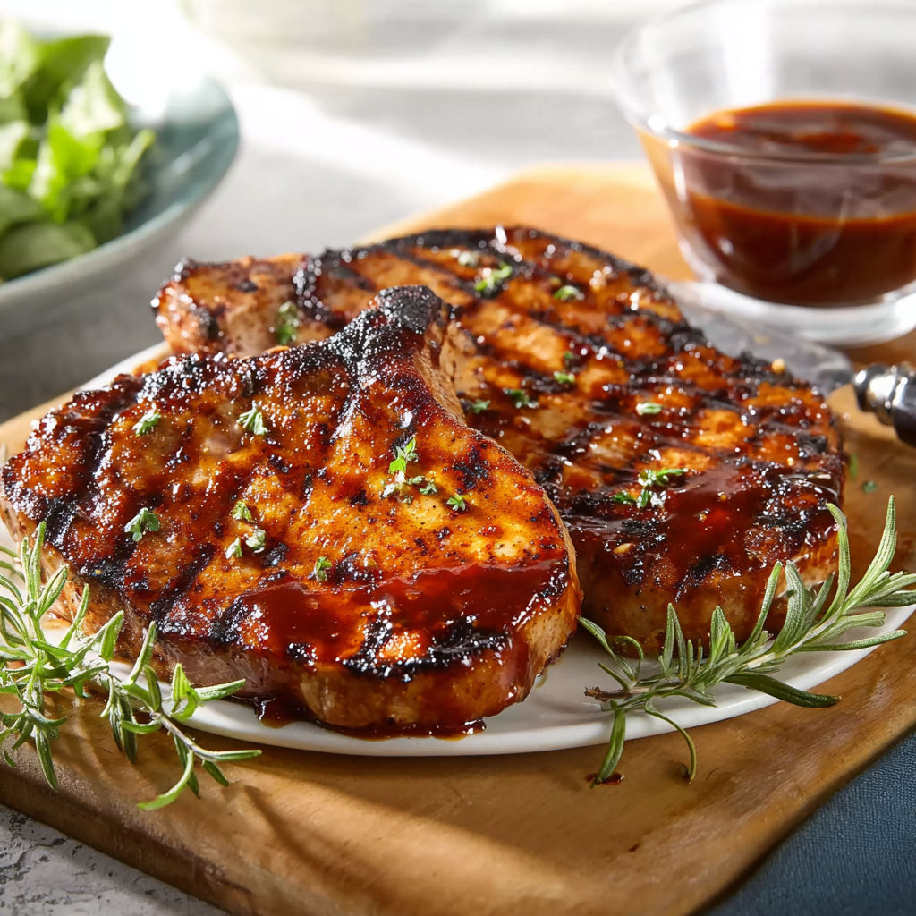 Pork chops served with glaze on a dish.