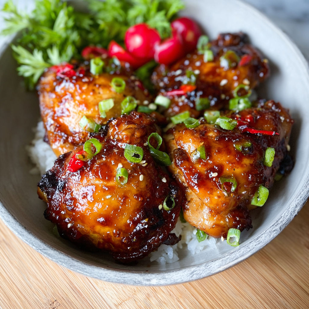 Chicken thighs served with rice and vegetables in a bowl.