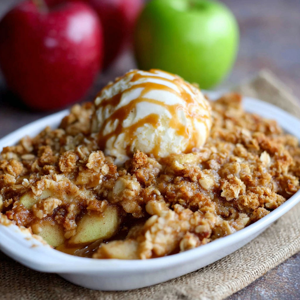 Warm apple crisp with ice cream topping.