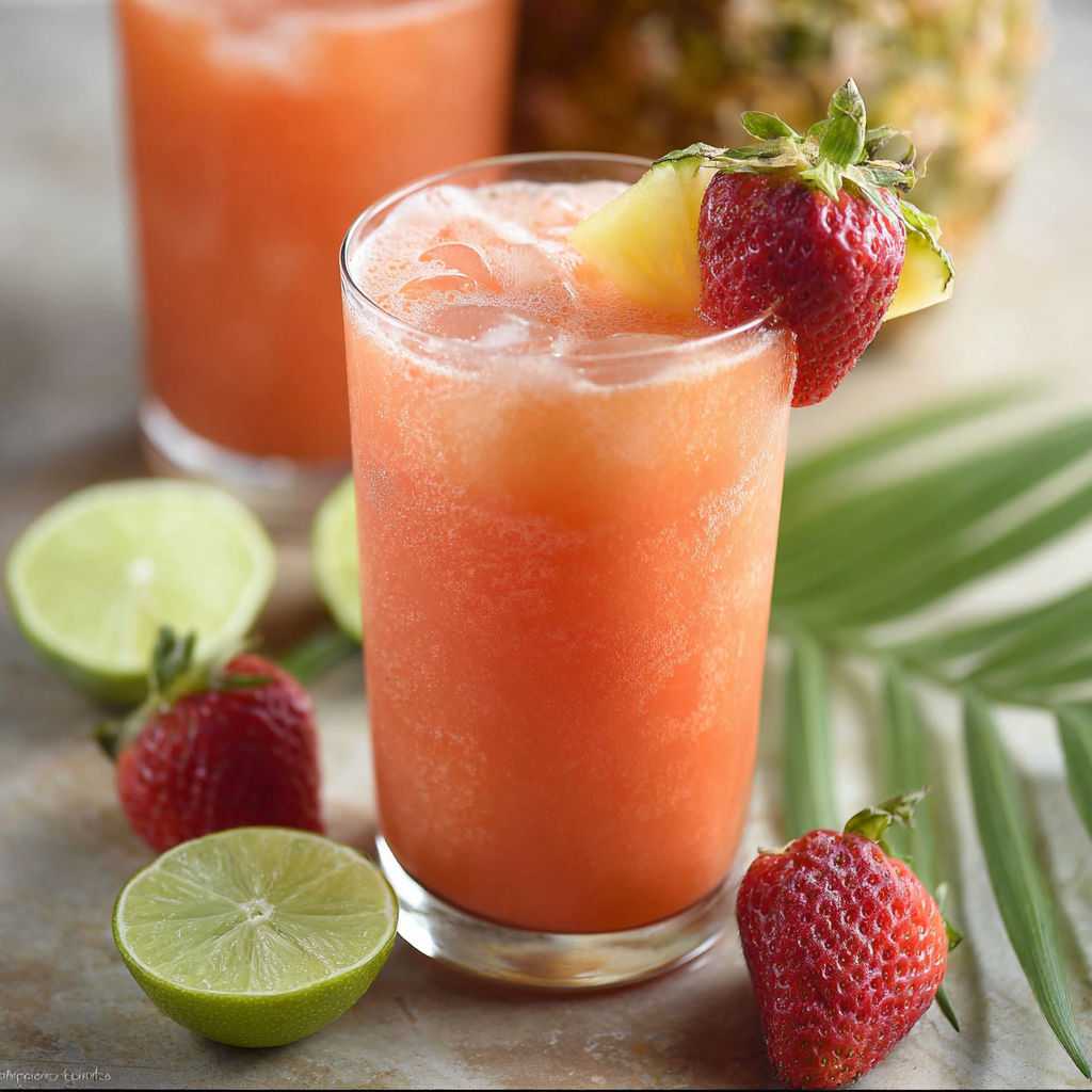 A chilled glass of pineapple strawberry agua fresca.