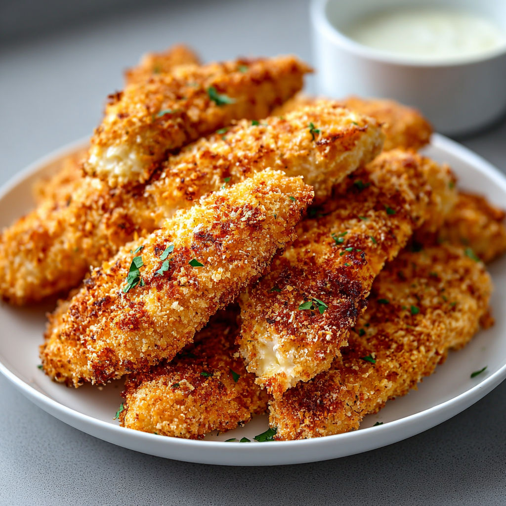 Golden, crunchy chicken strips on a plate.