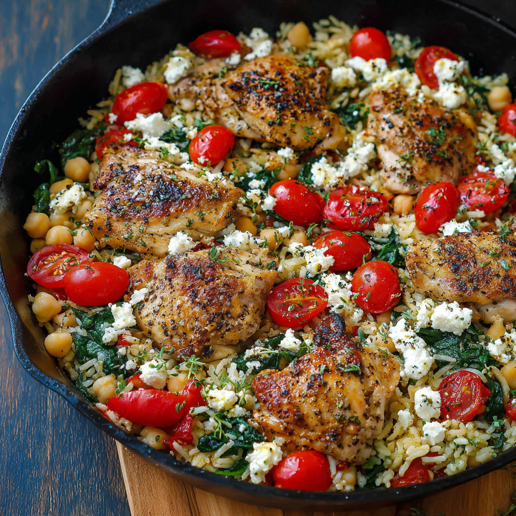 Greek-style chicken with lemon rice in a single dish.