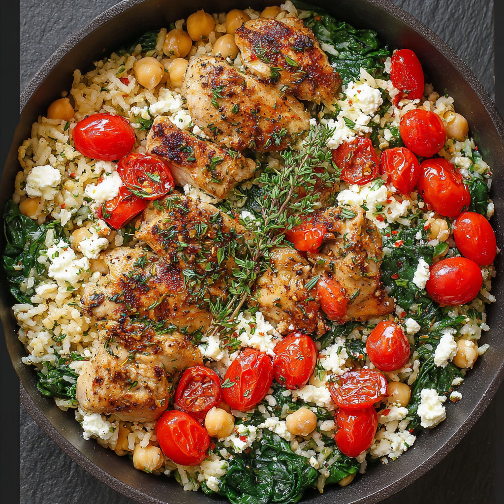 A bowl of savory chicken and rice with juicy tomatoes and herbs.
