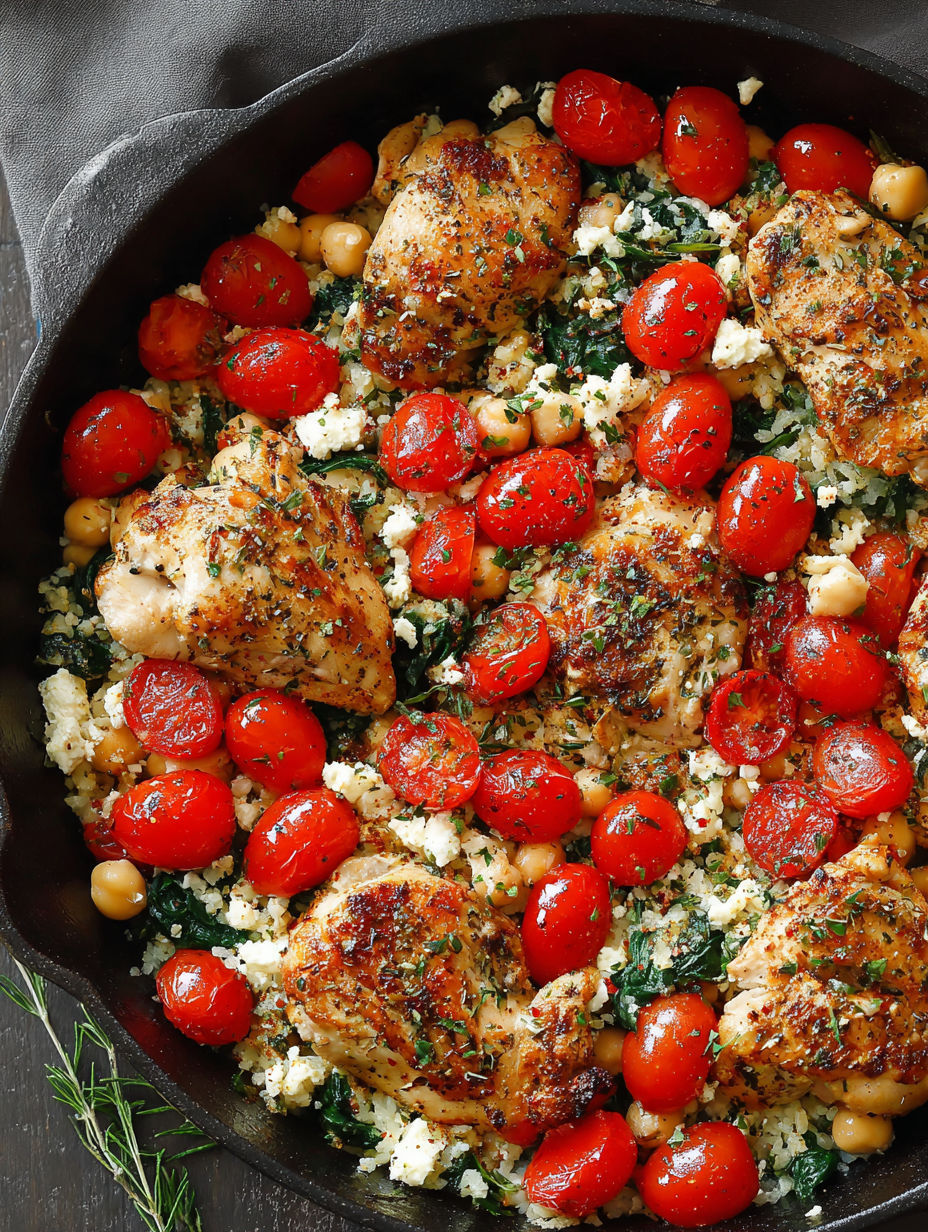 A colorful plate of Greek chicken with zesty lemon rice.