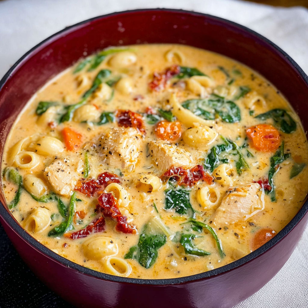 A warm bowl of golden Tuscan chicken soup.