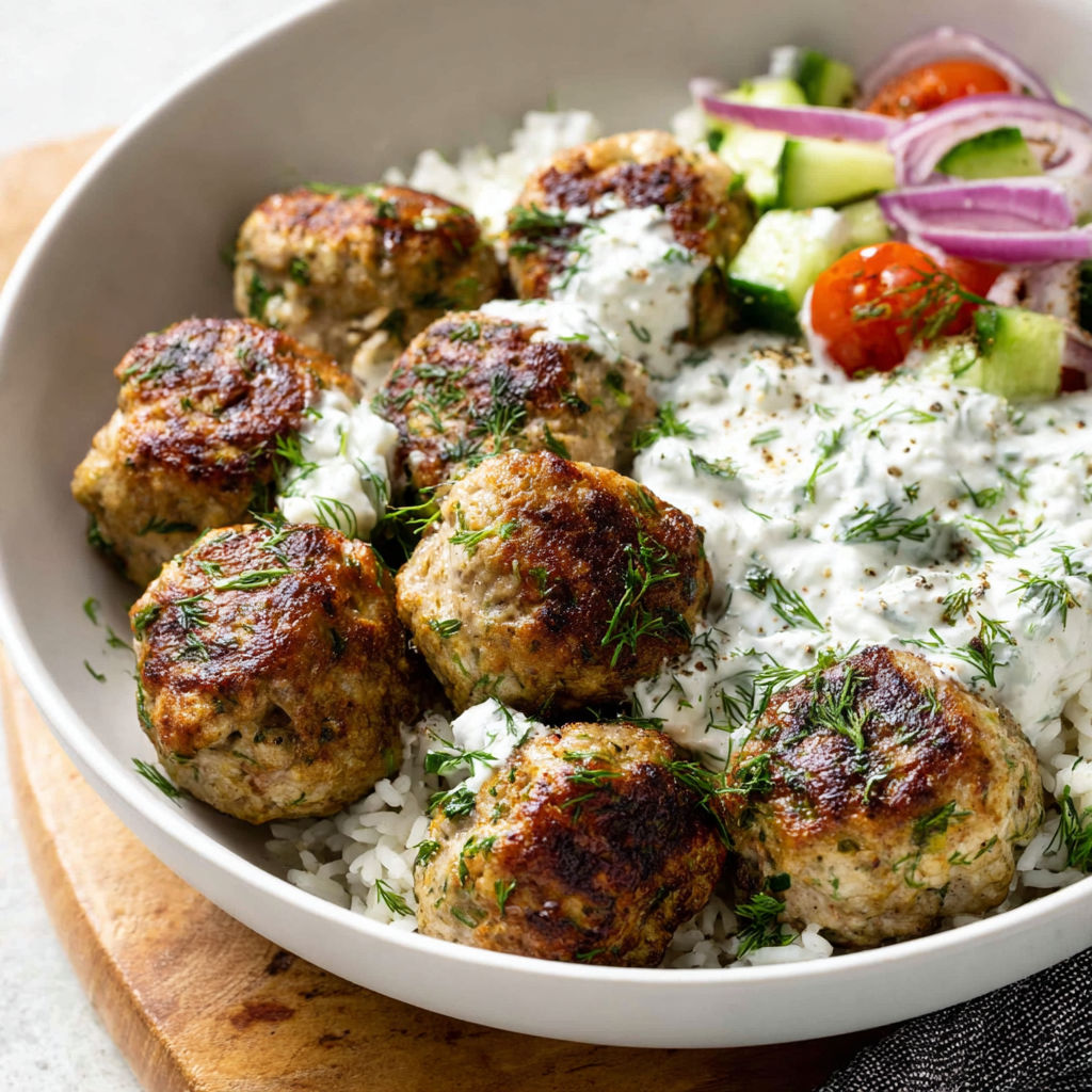 A bowl of juicy turkey meatballs with warm rice and fresh tzatziki.