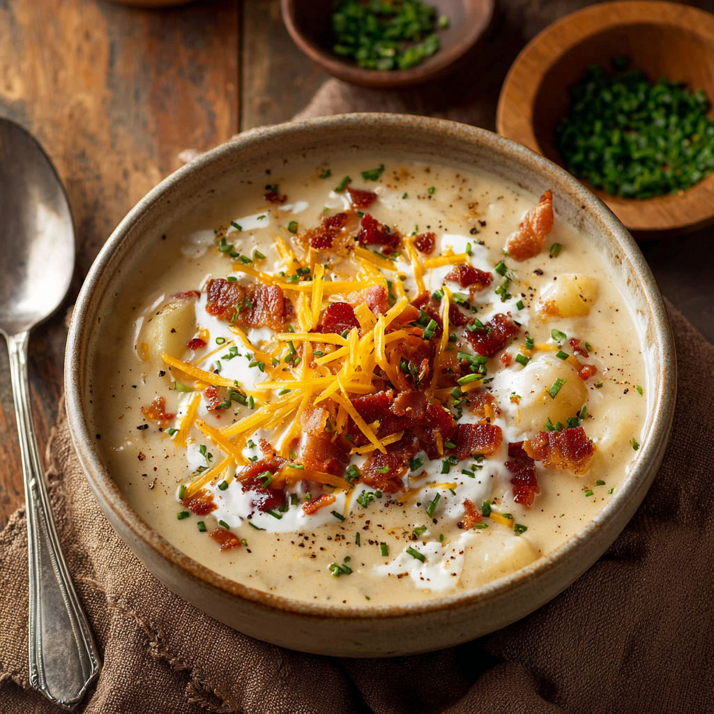 A delicious serving of potato soup topped with bacon and cheese.