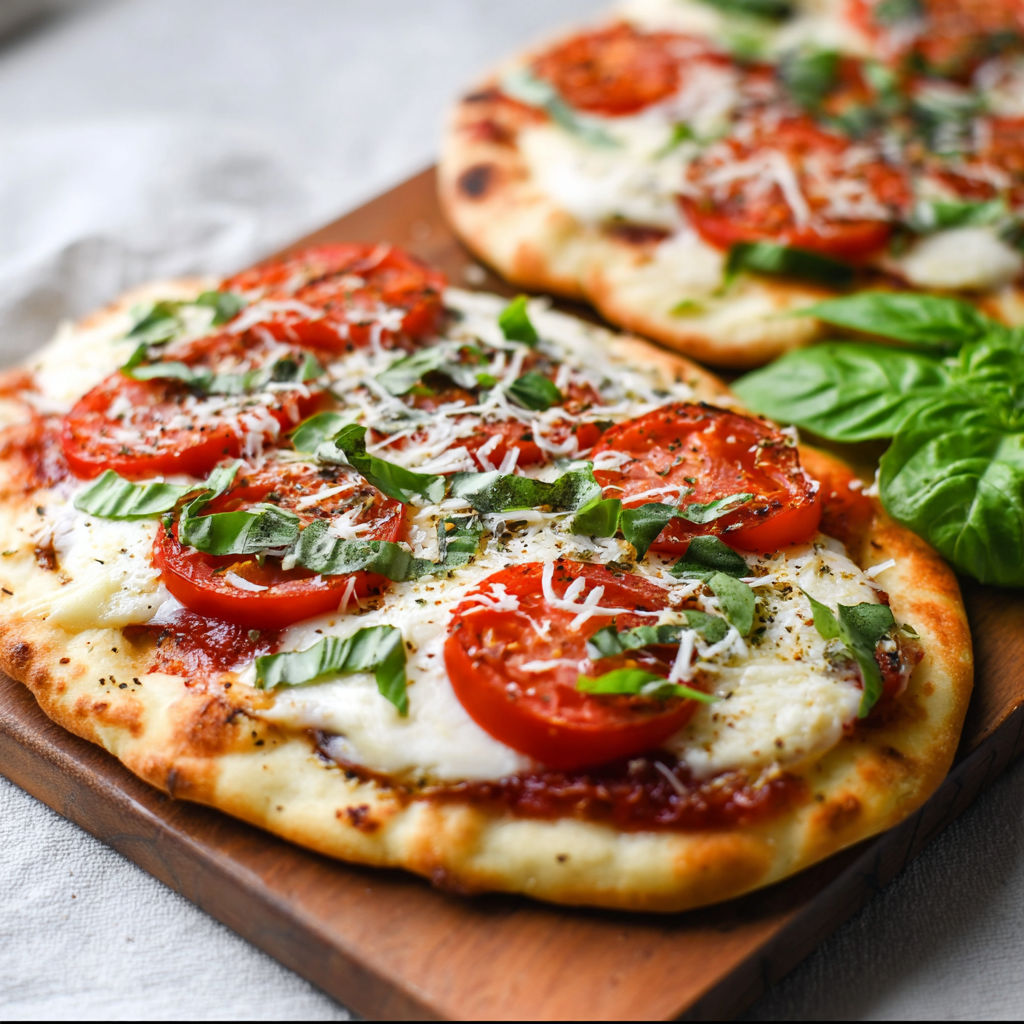 A pizza covered with cheese, tomatoes, and fresh basil.