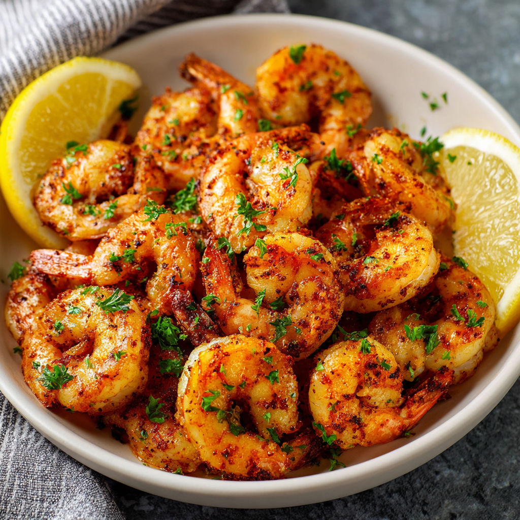 Delicious shrimp garnished with lemon slices in a bowl.