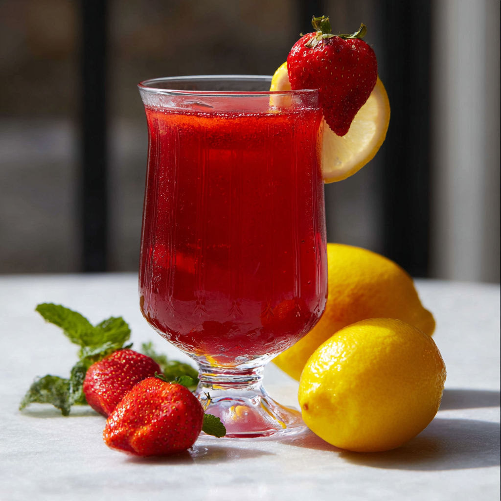 A chilled red drink with a strawberry and lemon wedge garnish.
