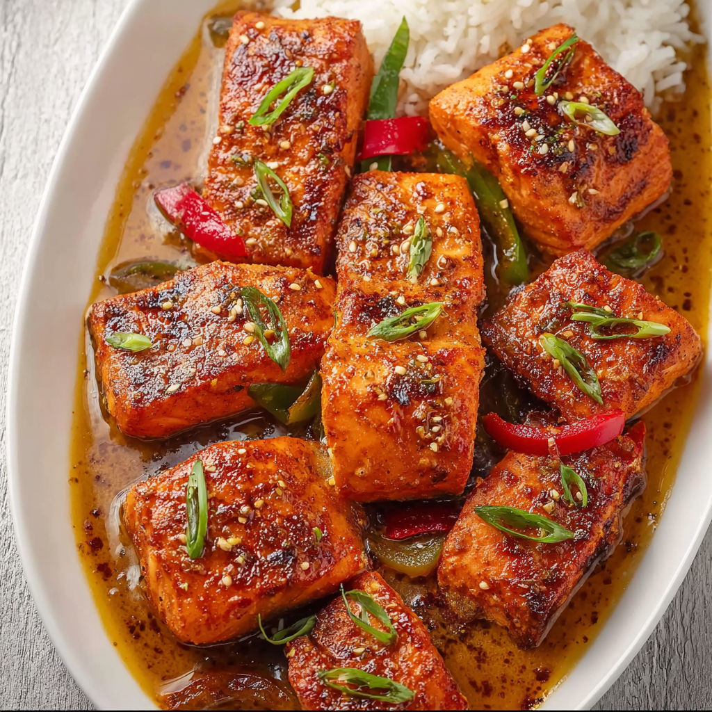 A salmon fillet with creamy sauce on a plate.