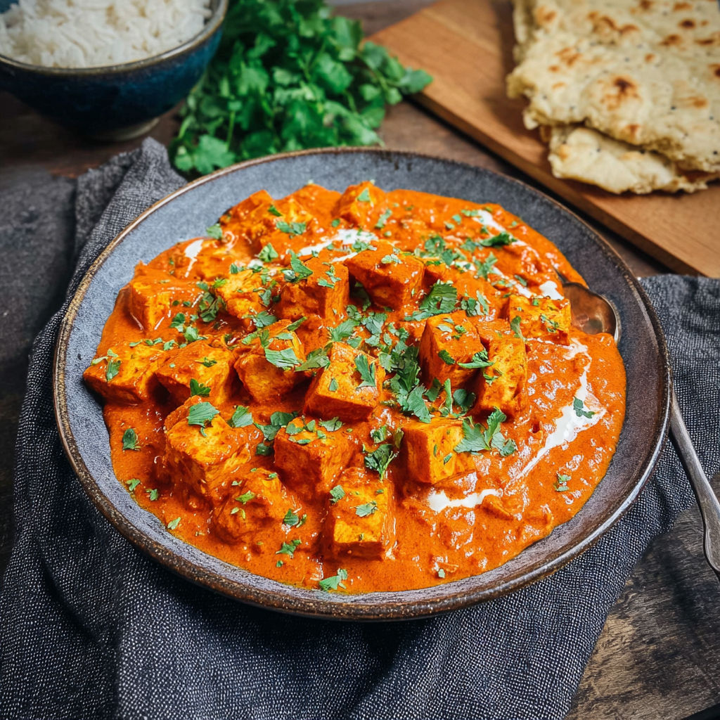 A dish of creamy tofu tikka masala with toppings.