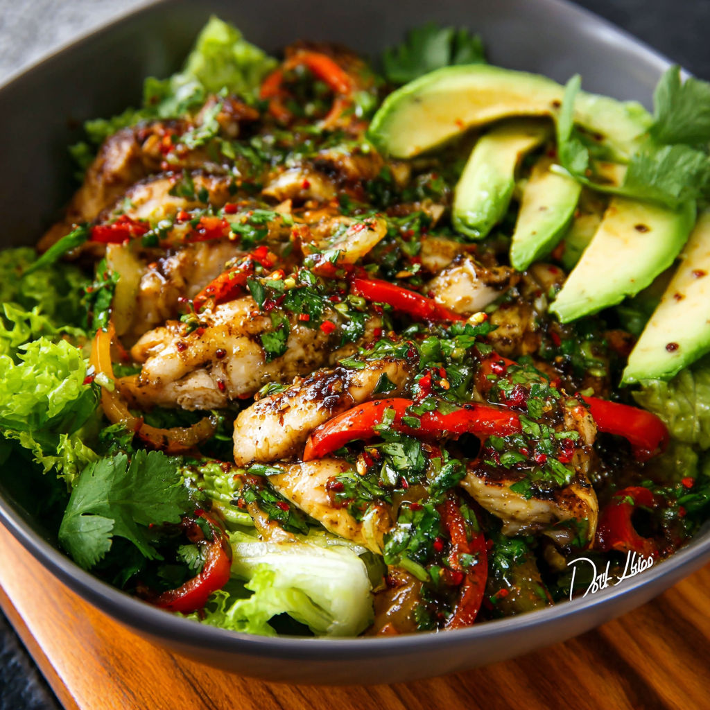 A fresh bowl of chili lime chicken fajita salad.