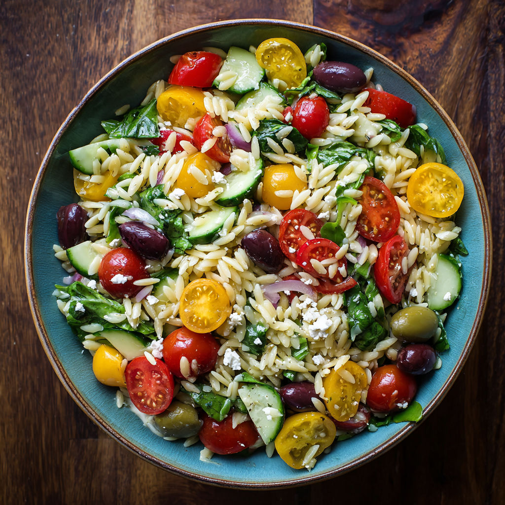 A bowl of orzo salad with tomatoes, cucumbers, and olives.