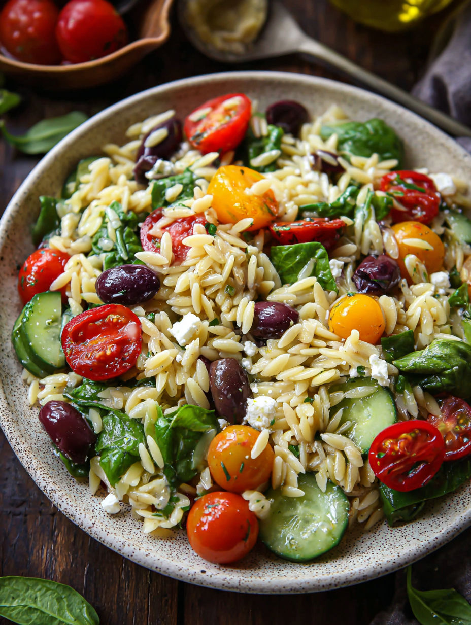 A bowl of orzo salad with tomatoes, cucumbers, and olives.