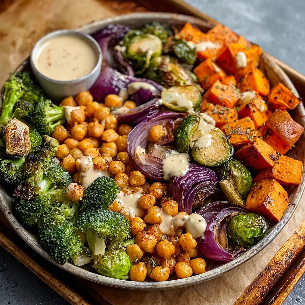 Fresh roasted vegetables and crispy chickpeas with a creamy maple tahini drizzle.
