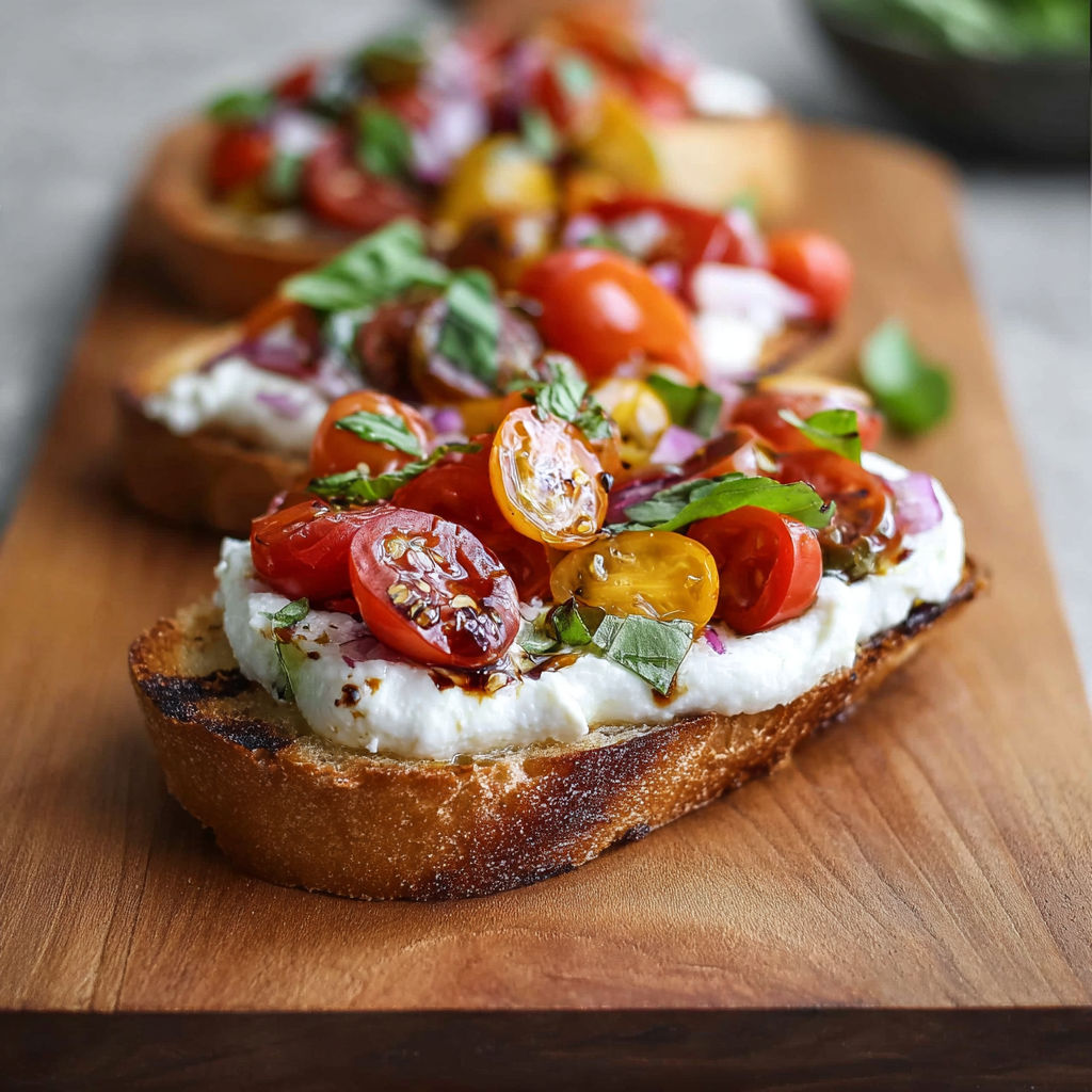 Toasted bruschetta topped with burrata, tomatoes, and basil.