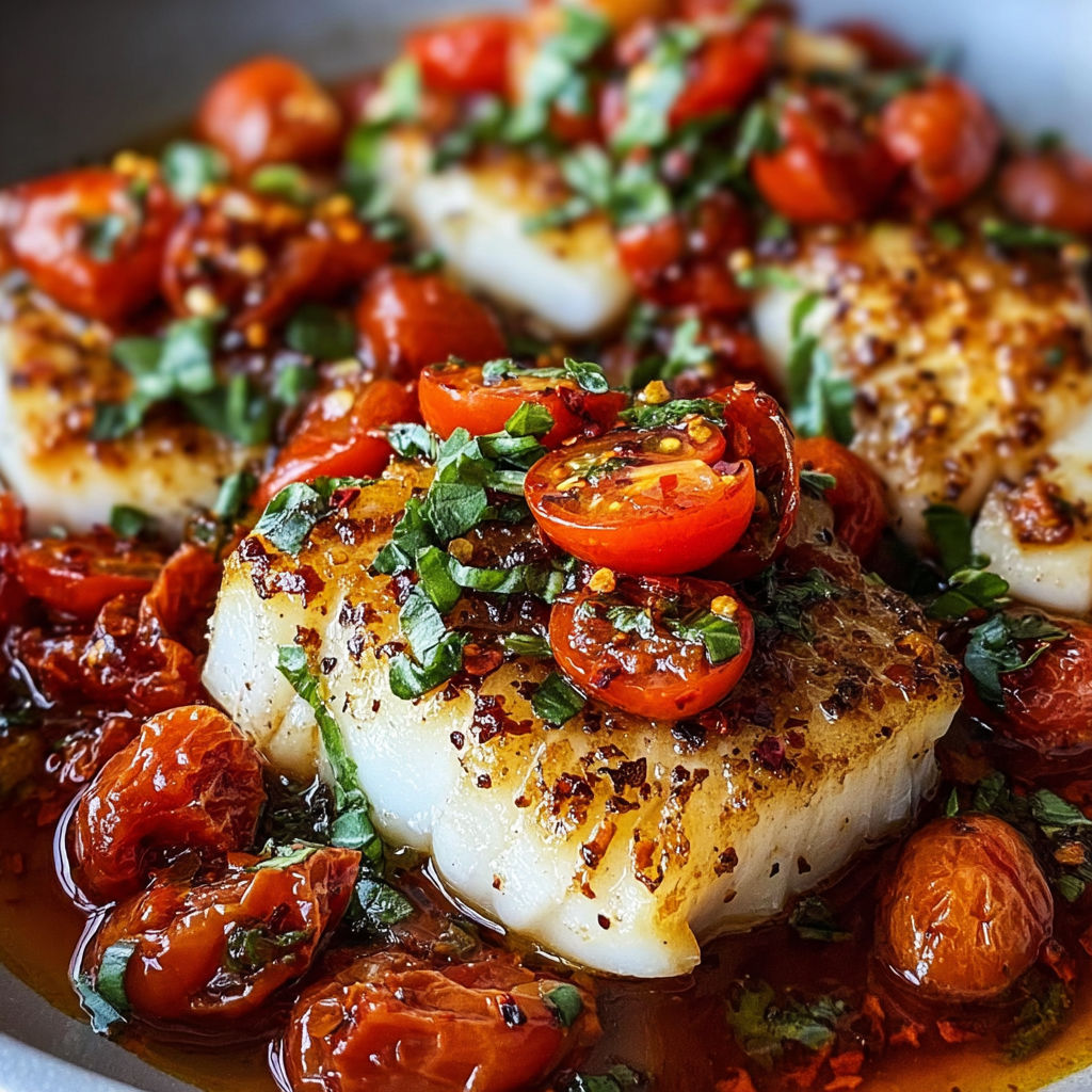 Golden-crusted cod with fresh basil and tomato sauce.