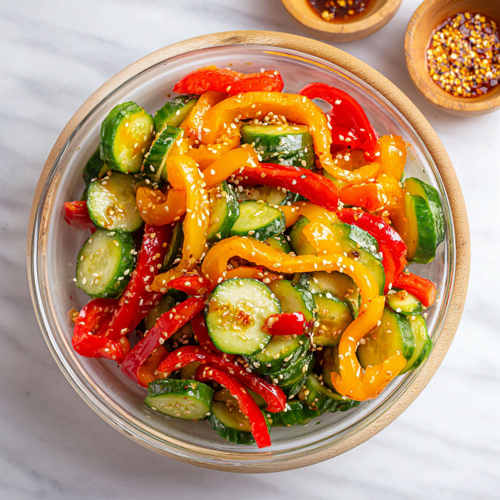 Bowl with fresh cucumber and sweet peppers.
