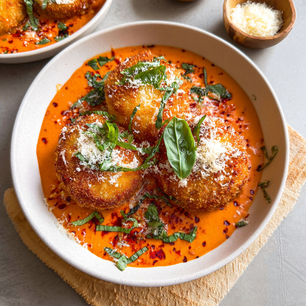 A dish with red sauce and crispy cheese.