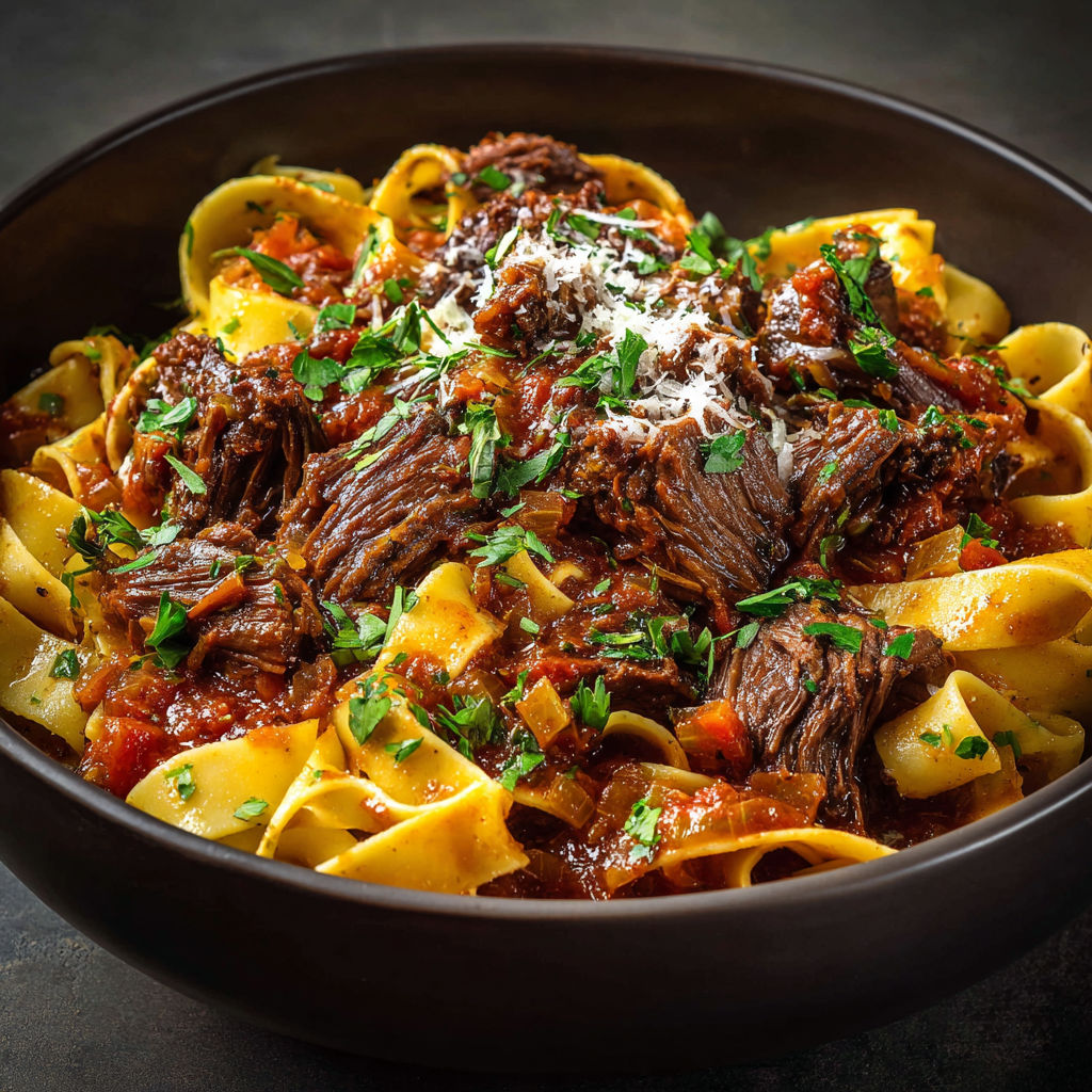 A bowl of shredded beef short ribs simmered in a tomato-based sauce.