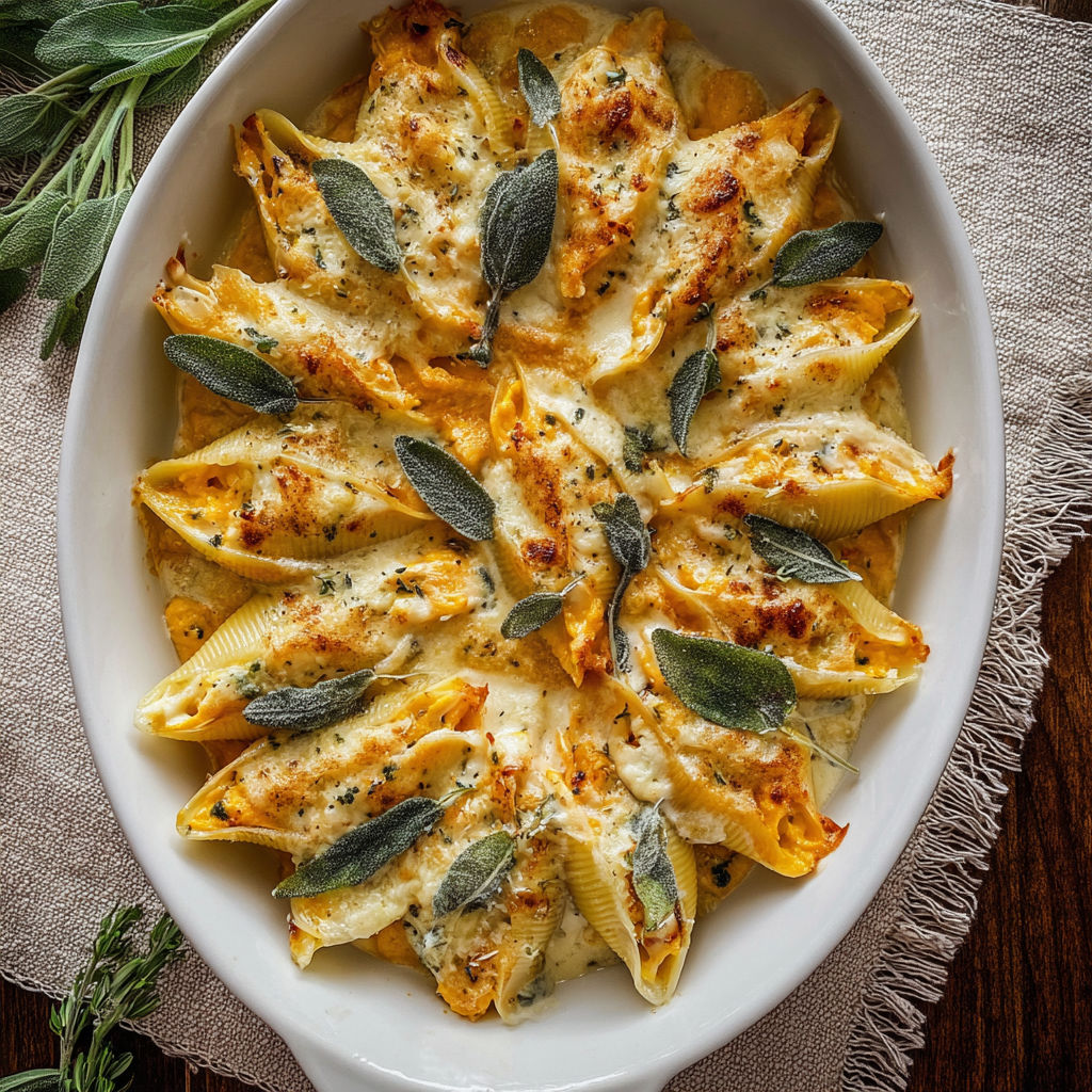 A white bowl holding pasta, pumpkin, and melted cheese.
