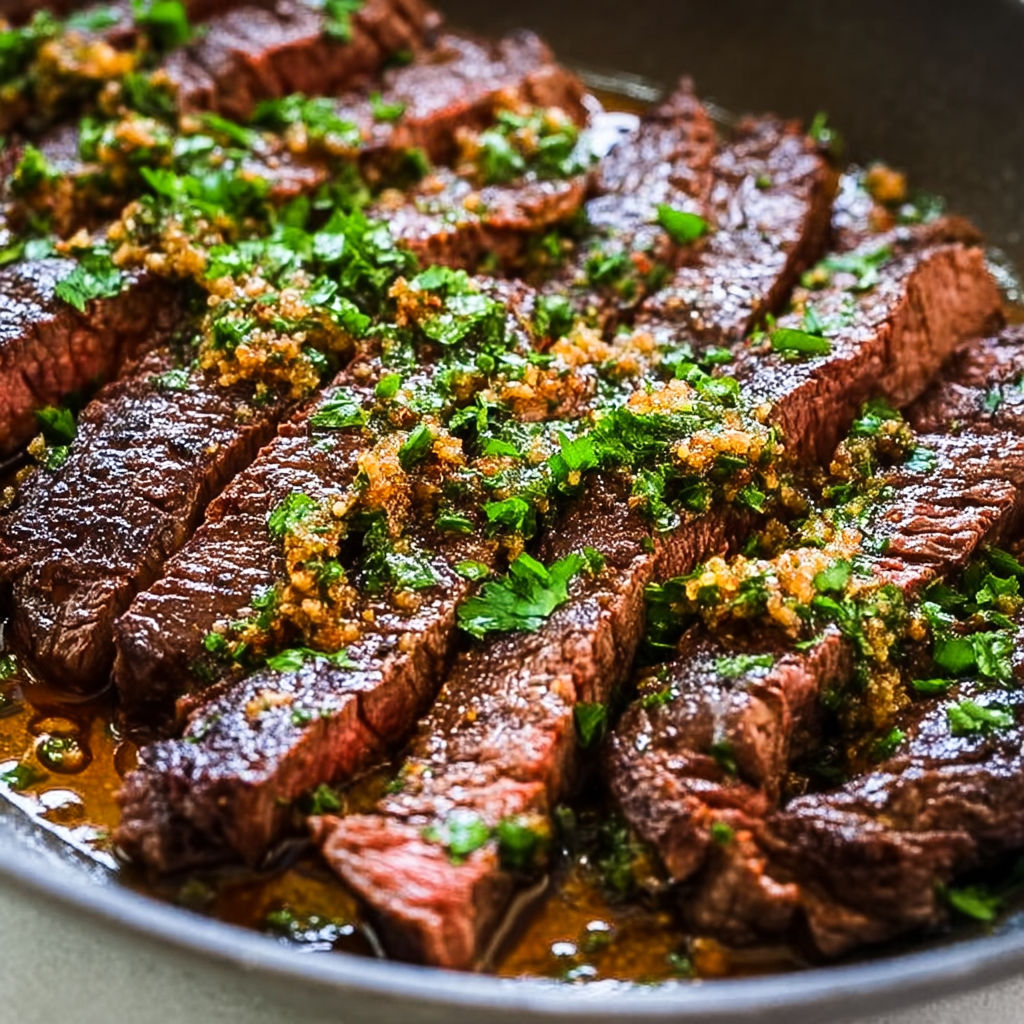 A steak drizzled with buttery garlic sauce and herbs.