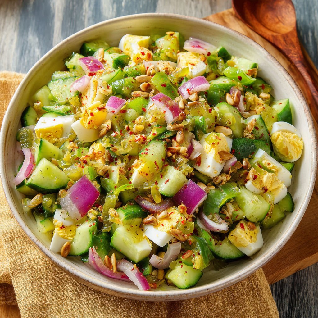 A big bowl packed with cucumbers, red onion, eggs, and colorful peppers.
