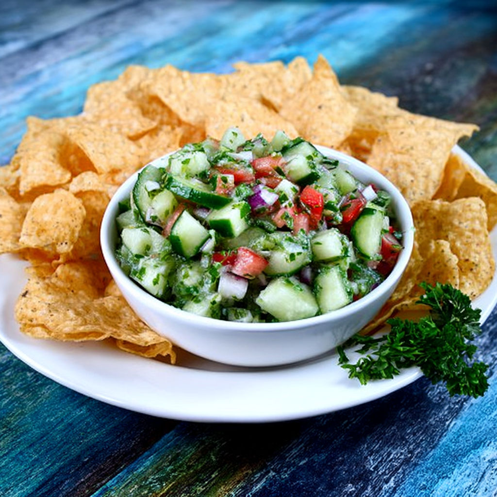 A bowl of fresh cucumber salsa with tortilla chips.