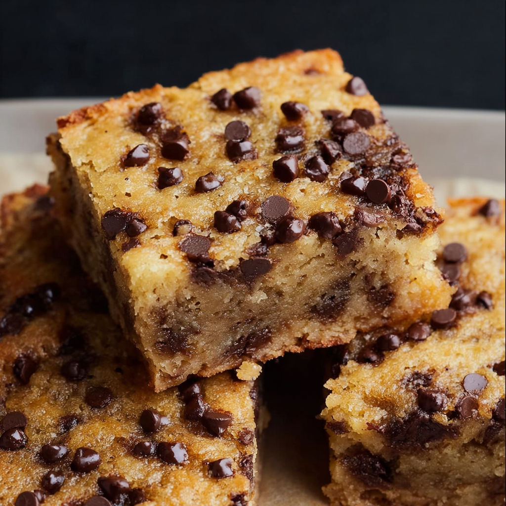 A close view of a square-shaped banana bar with chocolate chips.