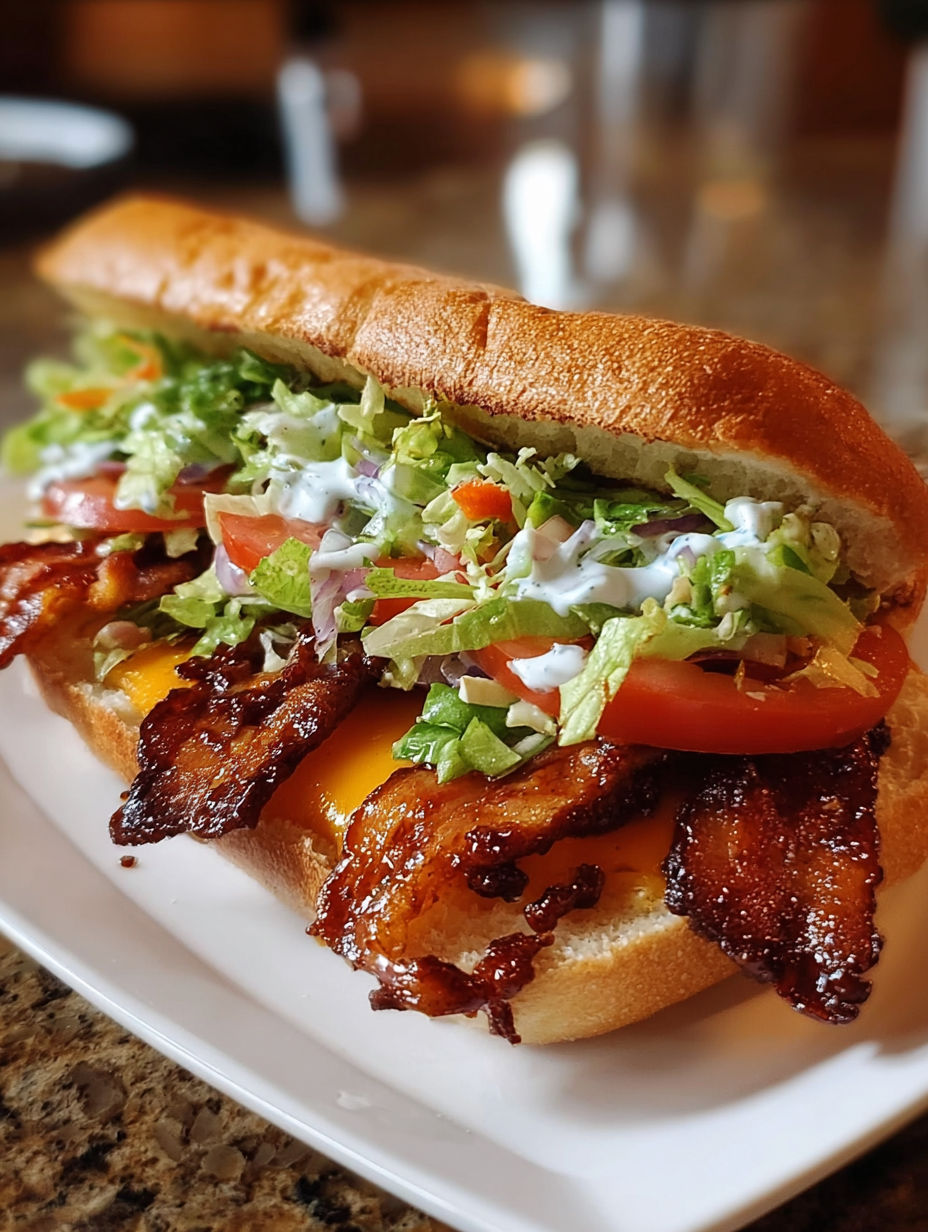 A BBQ Bacon Ranch BLT sandwich on a white plate.