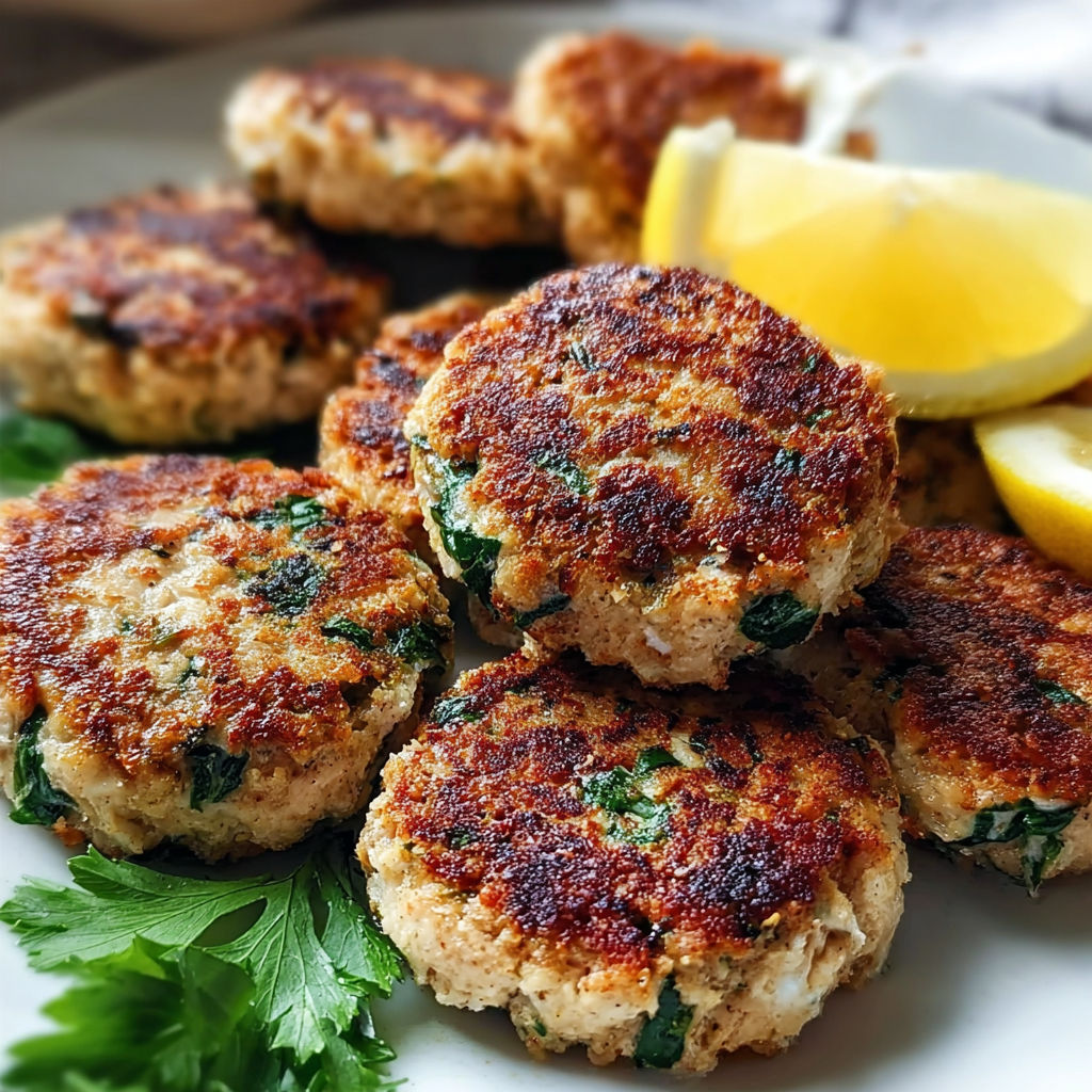 A dish of chicken patties served with lemon wedges.
