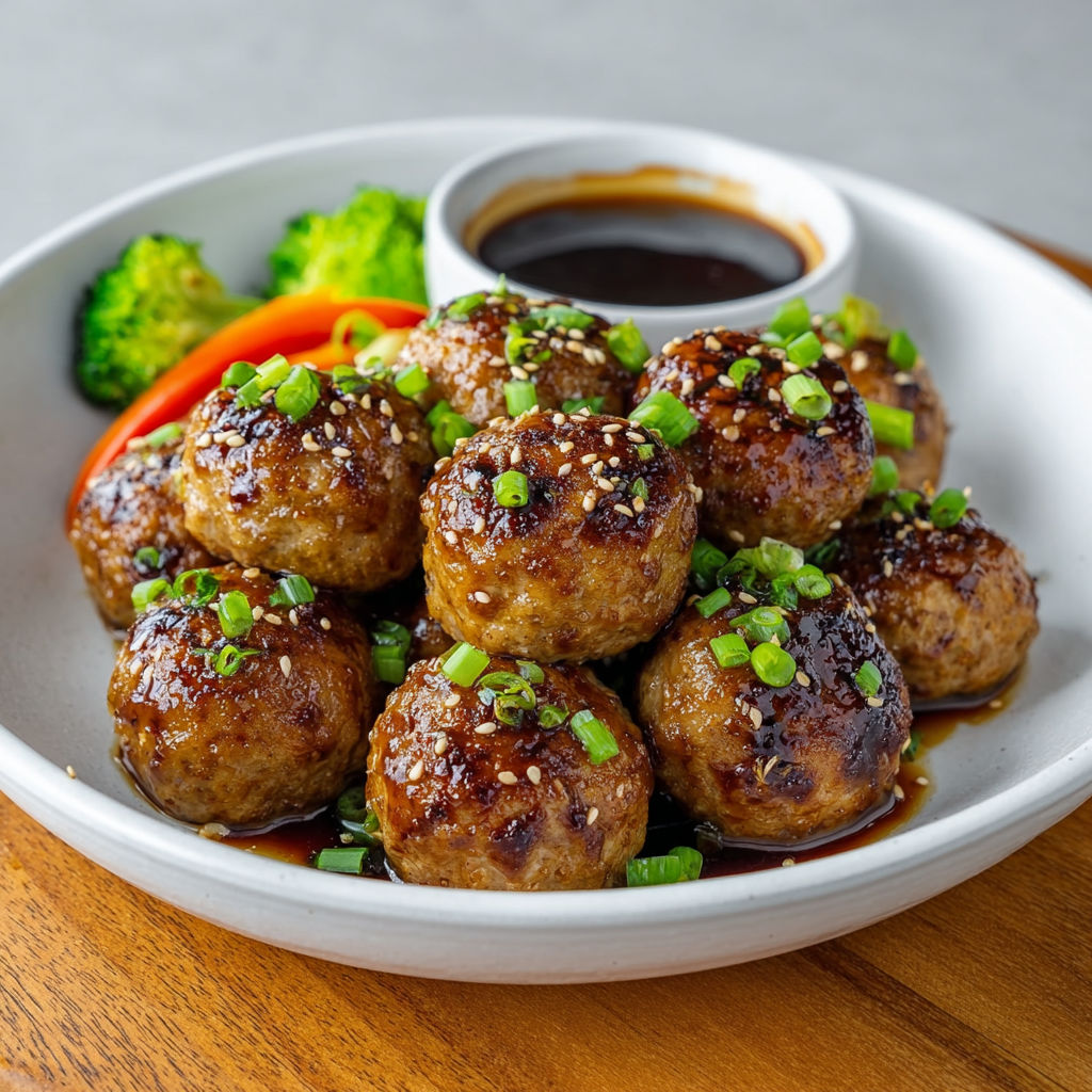 Juicy chicken meatballs on a plate with sauce on the side.