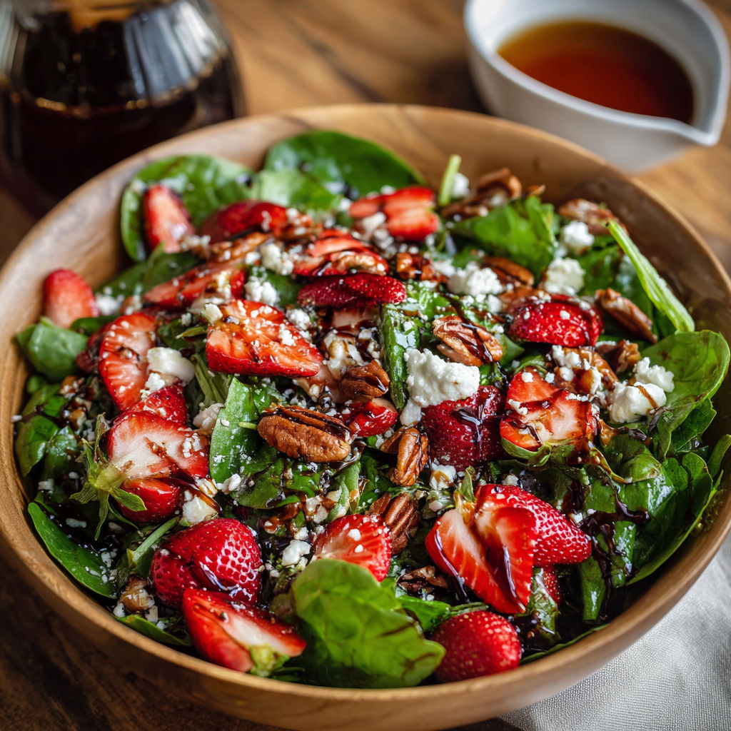 A colorful bowl of spinach, strawberries, and pecans.