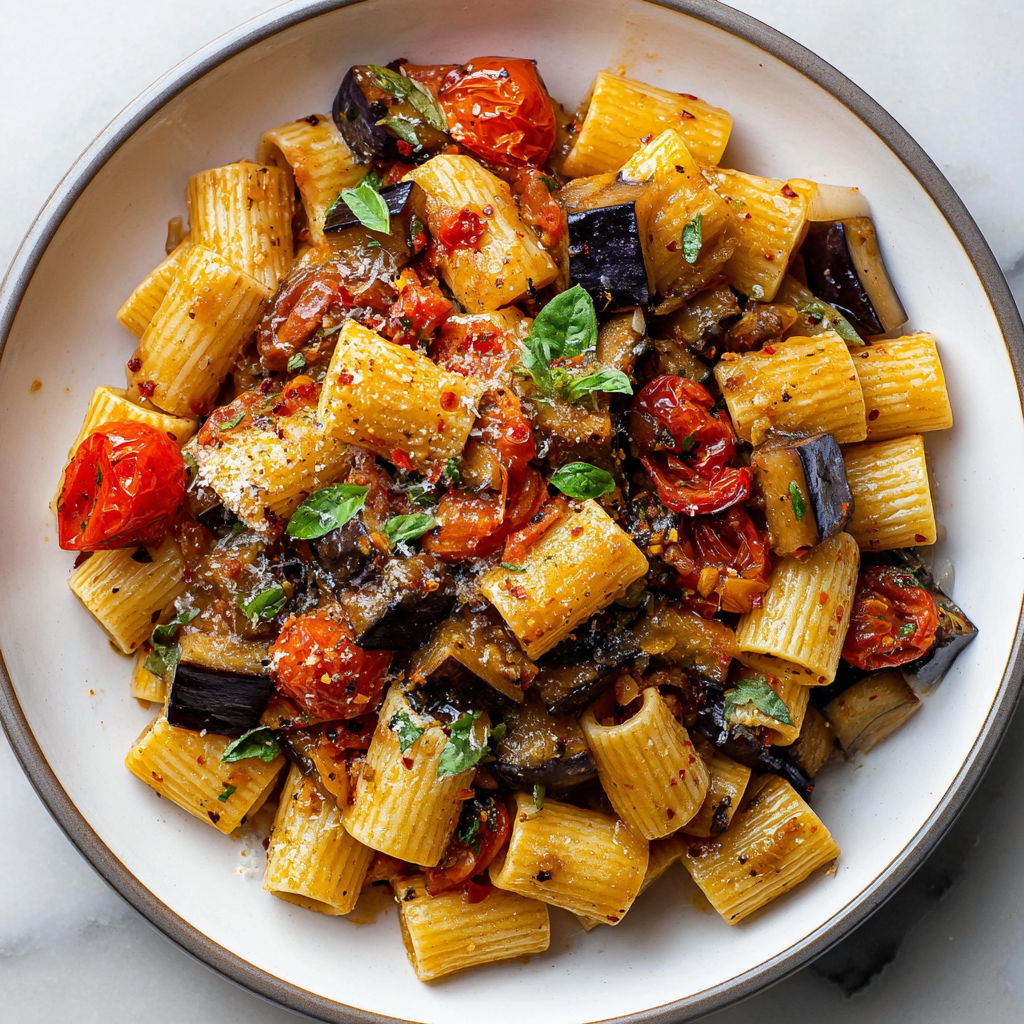 A plate of pasta with golden eggplant and fresh tomatoes.