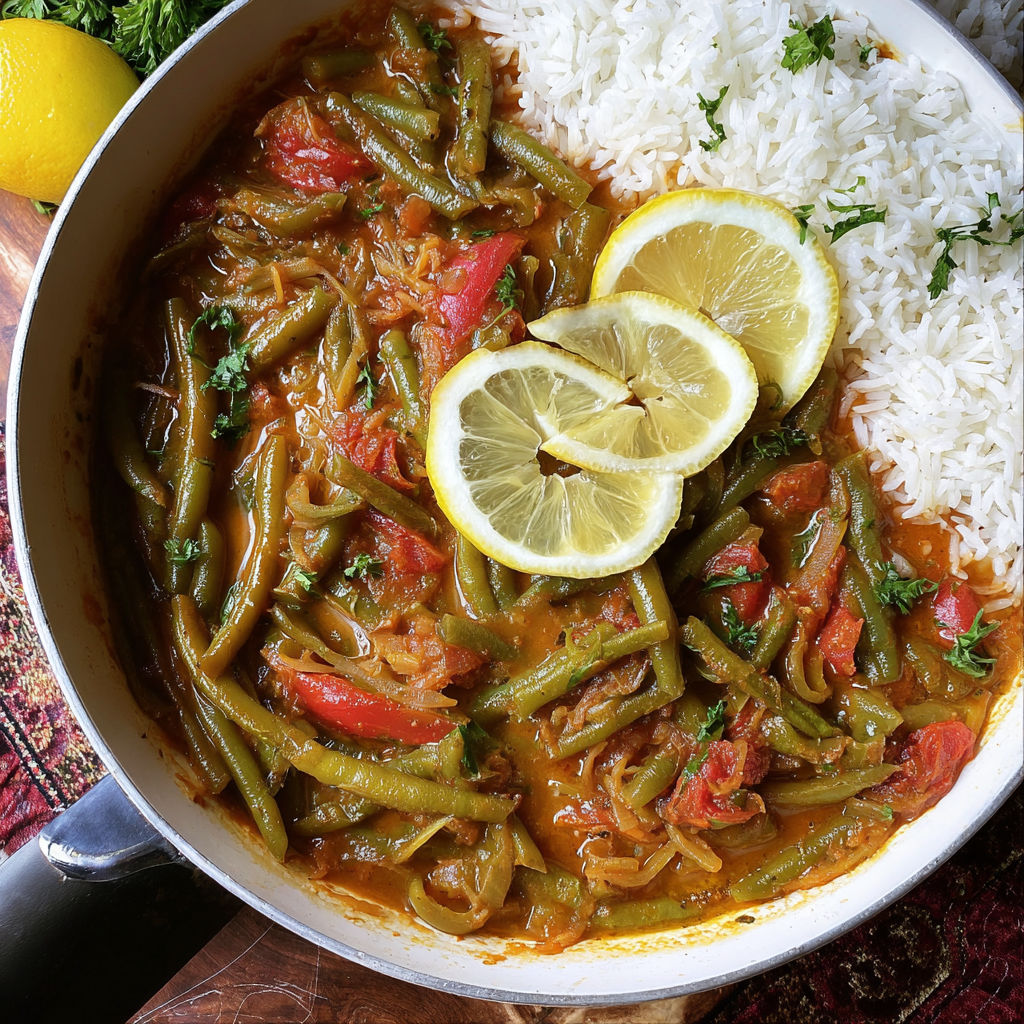A comforting bowl of stewed green beans served with rice.