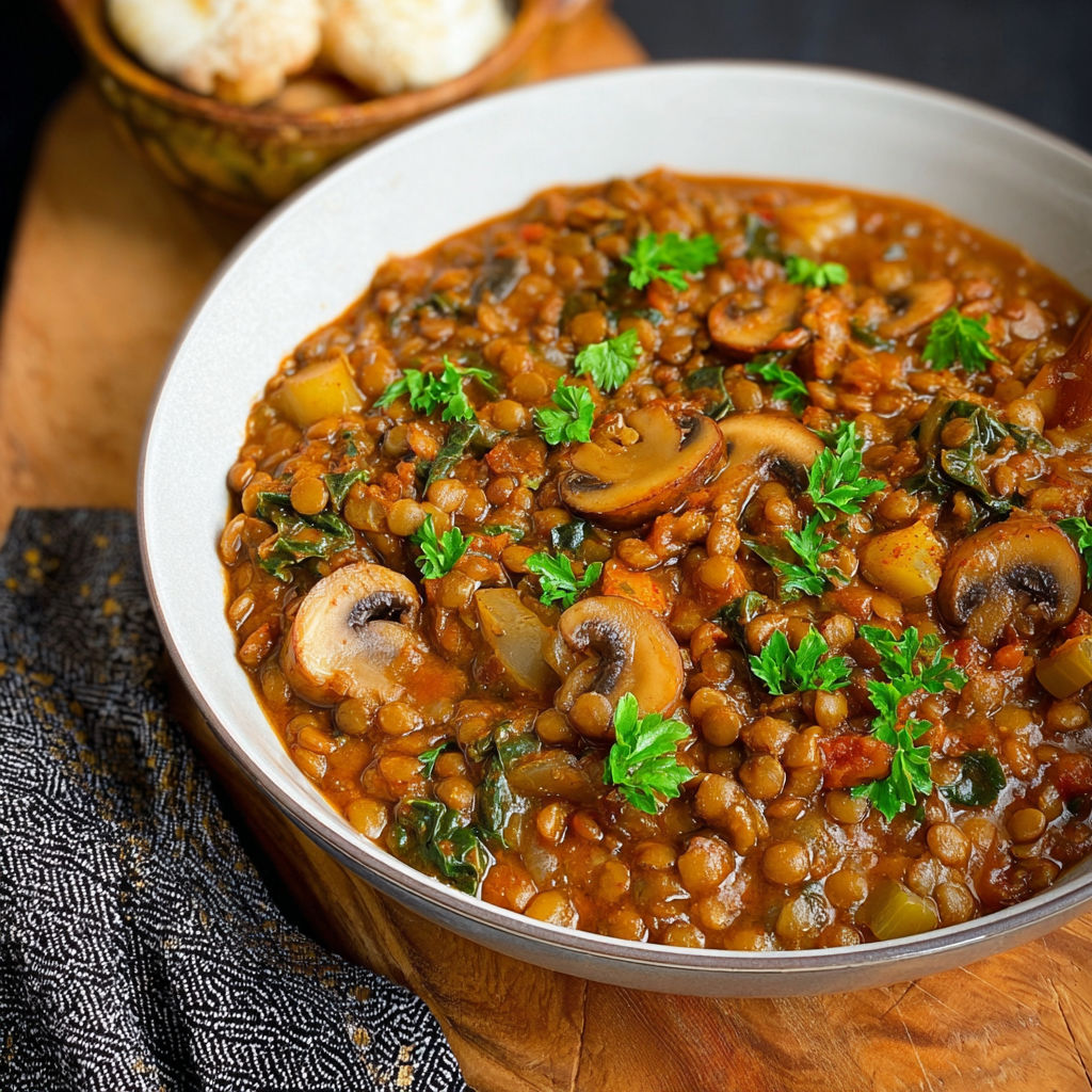 A bowl of warm lentil mushroom stew topped with herbs.